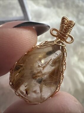 Gold Wire-Wrapped Teardrop golden rutile  Quartz Pendant - Women Jewelry